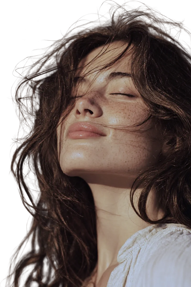 Mujer serena con el pelo al viento junto a las letras CDT, en el primer aniversario del CDT Digital KOA