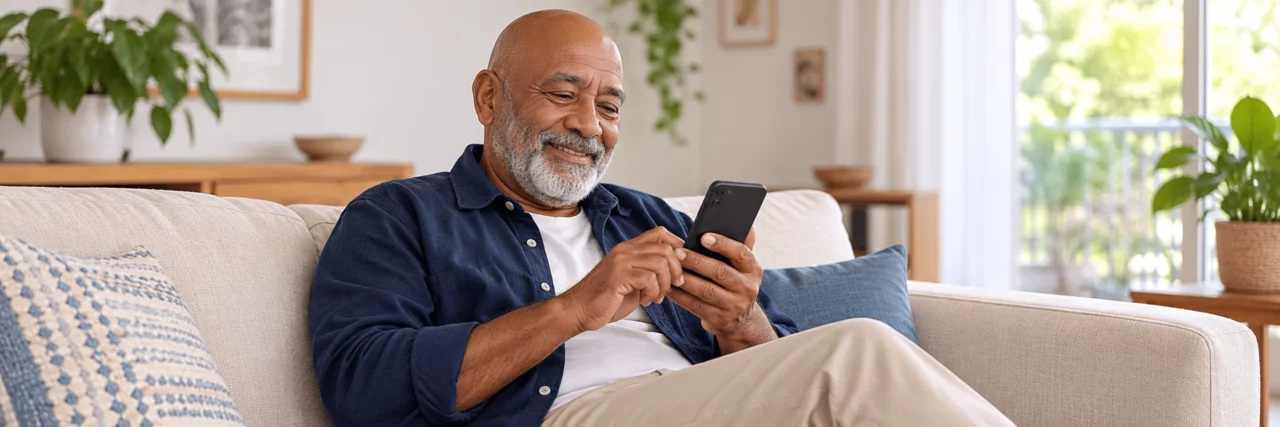 Imagen ilustrativa: pensionado escribiendo en su celular, sentado en el sofá.