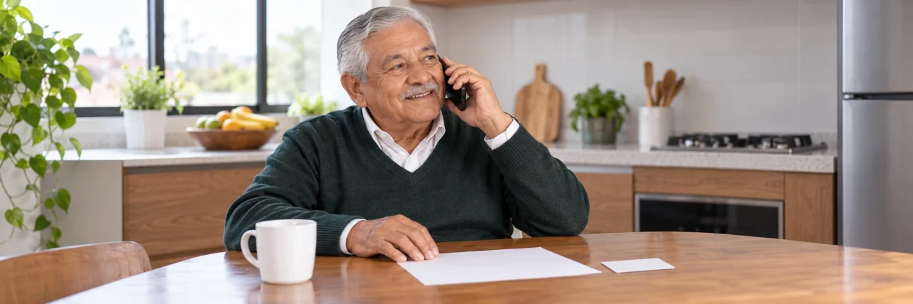 Imagen ilustrativa: pensionado hablando por teléfono en la cocina.