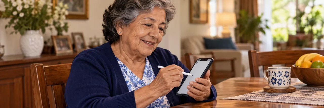 Imagen ilustrativa: pensionada firmando en la pantalla del celular.