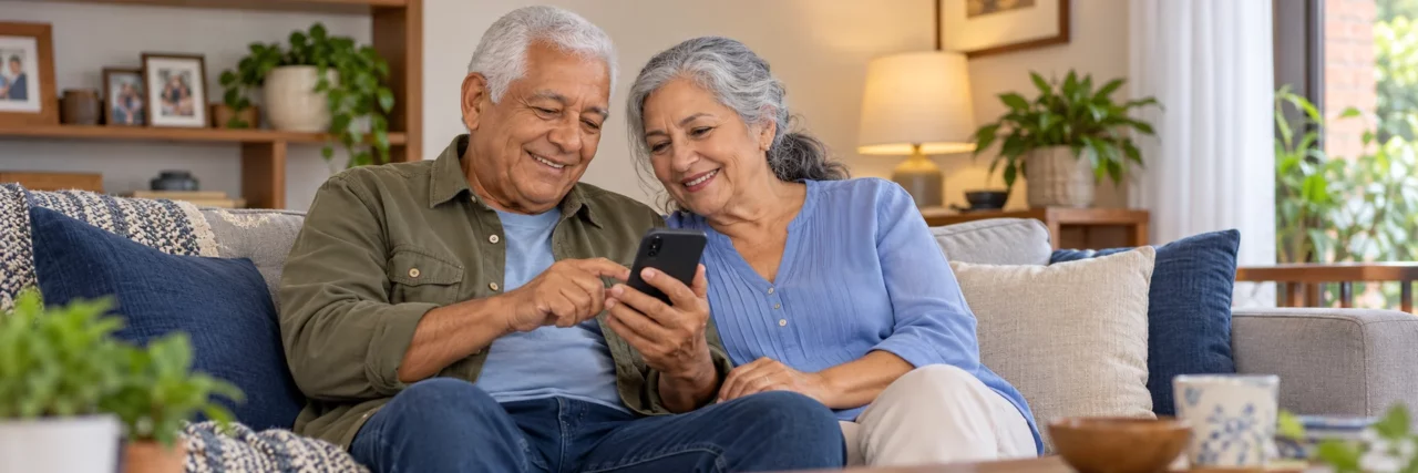 Imagen ilustrativa: pareja de pensionados celebrando frente a su celular.