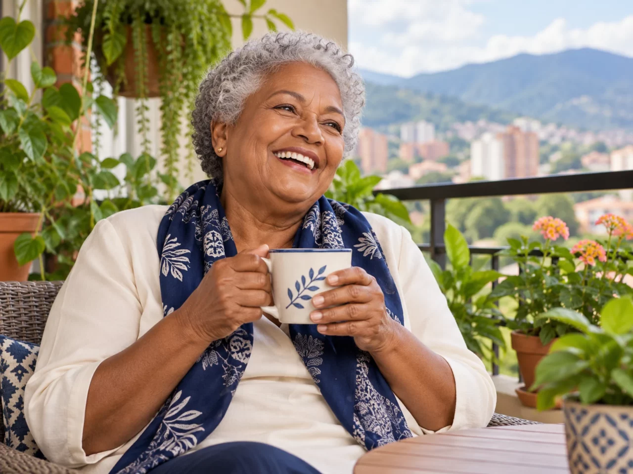 Imagen ilustrativa: pensionada riendo en un balcón con plantas.