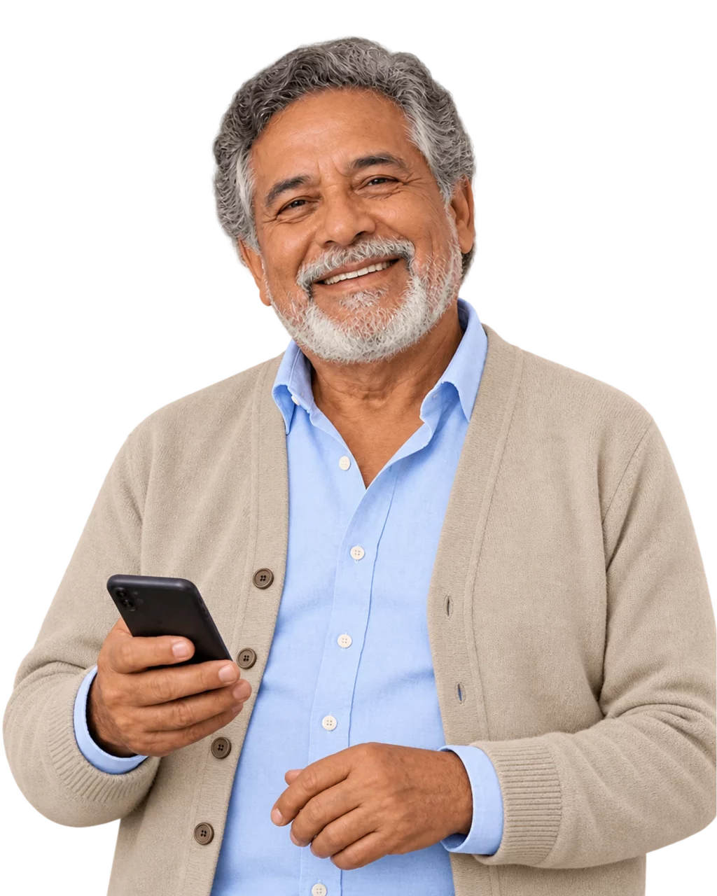 Imagen ilustrativa de un pensionado con cárdigan beige, sonriente y con su celular, de cintura arriba.