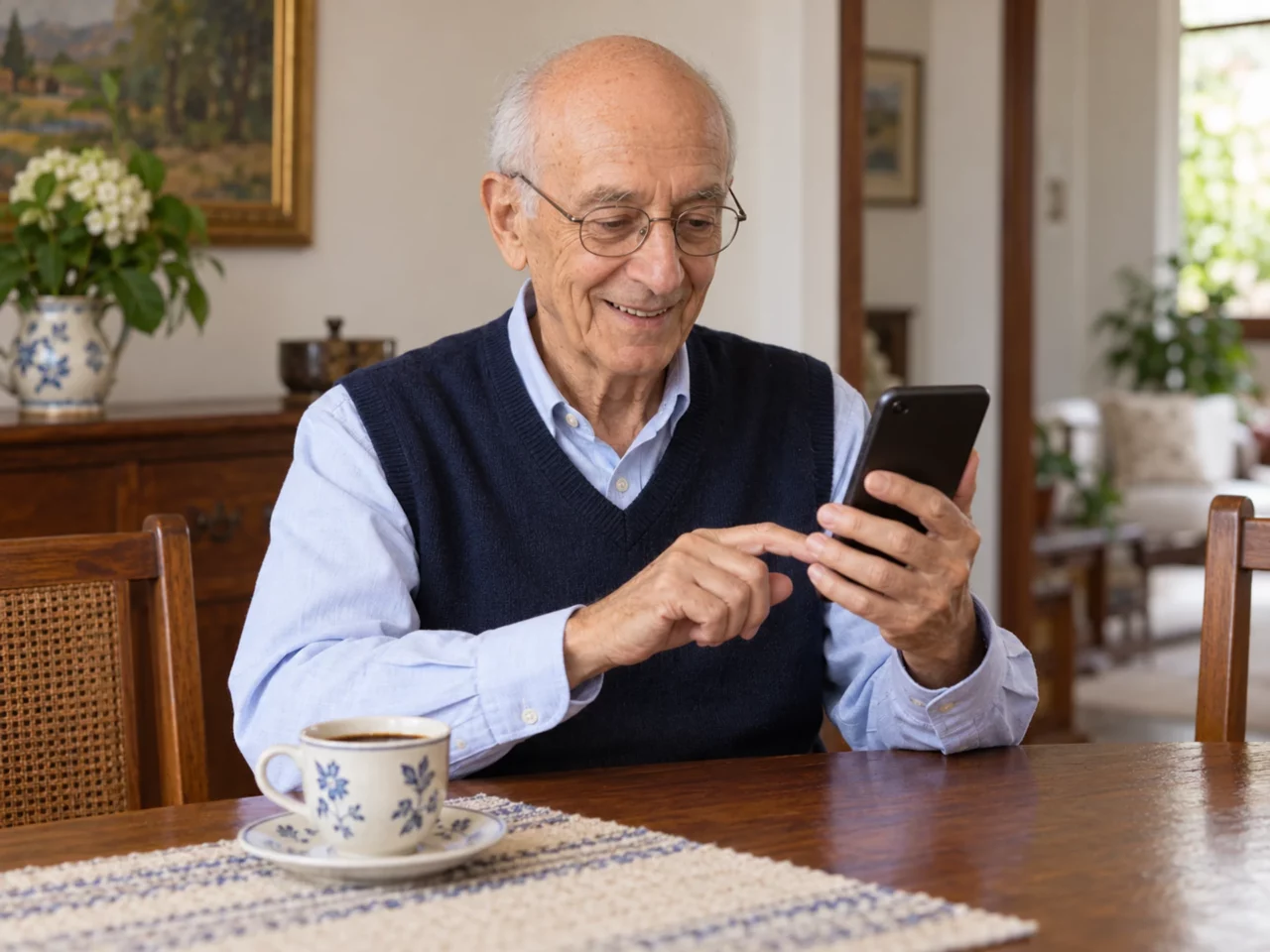 Imagen ilustrativa: pensionado revisando su celular junto a una taza de café en el comedor.
