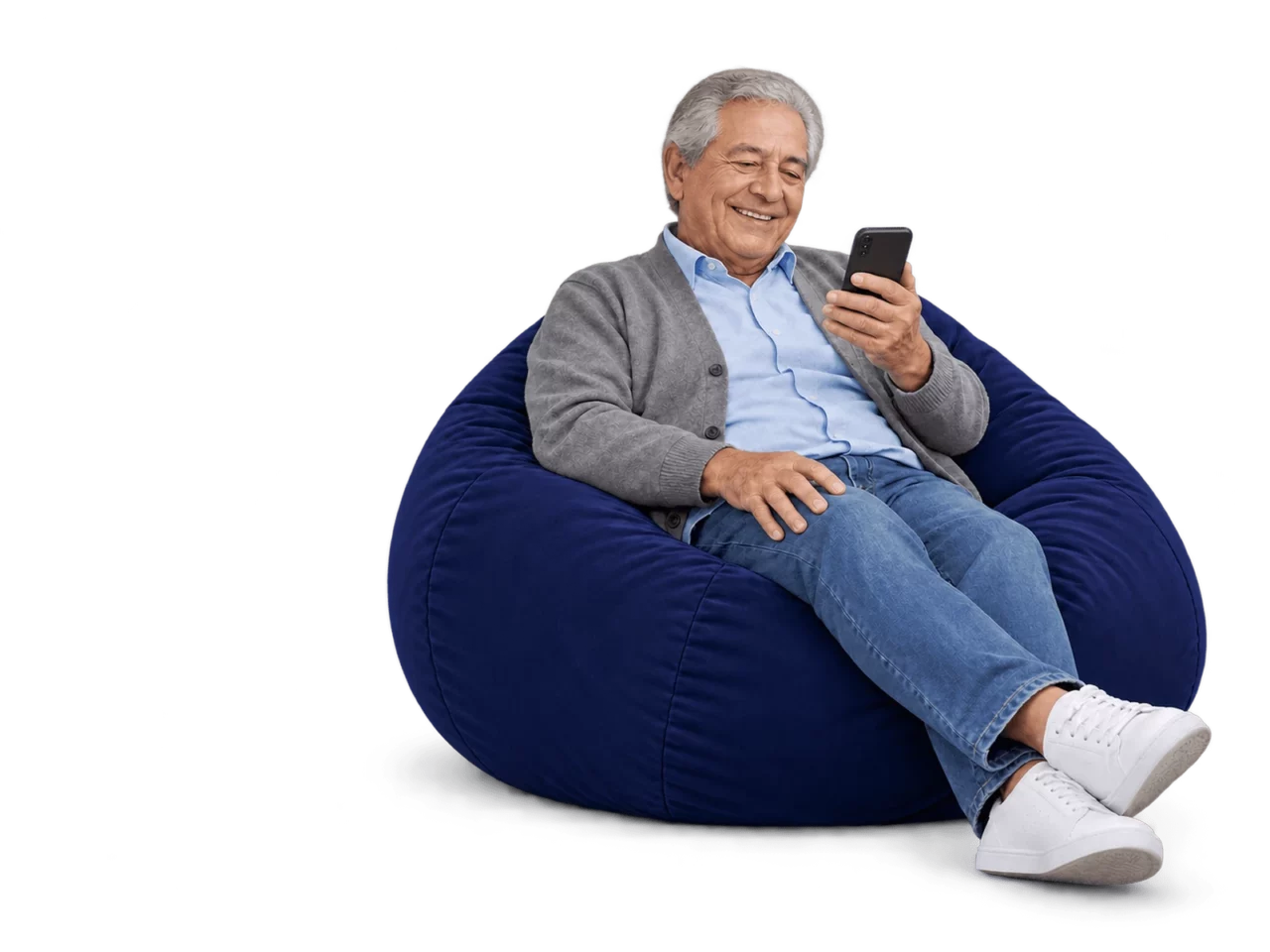Imagen ilustrativa de un pensionado usando su celular, sentado en un puf.