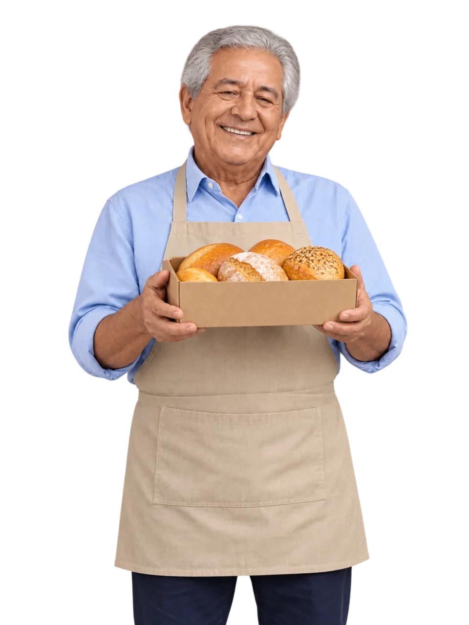 Imagen ilustrativa: pensionado en su negocio de panadería, sonriente y sosteniendo una caja de pan.