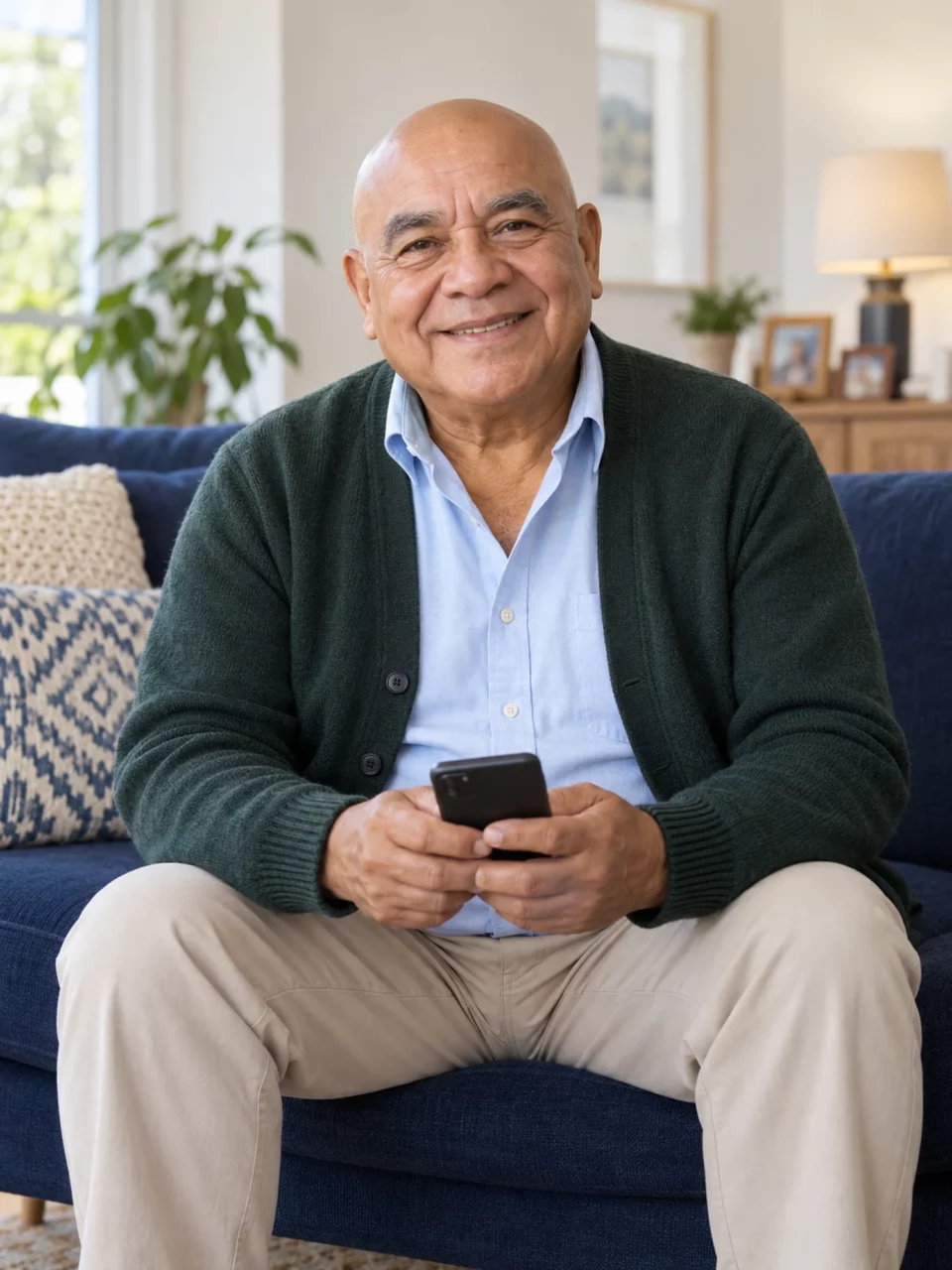 Imagen ilustrativa: pensionado sonriendo con su celular en la sala.