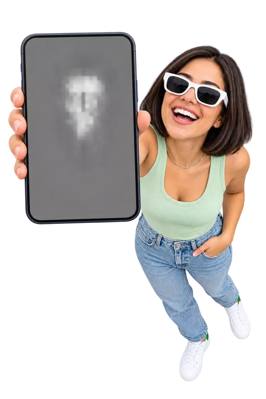 Mujer joven sonriente, vista desde arriba, muestra en su celular las tasas del CDT Digital KOA