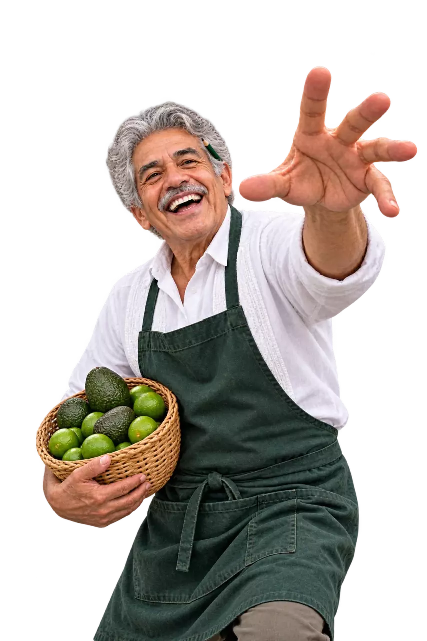 Pensionado con delantal de su puesto y una canasta de aguacates, que ríe y abre la mano hacia la cámara
